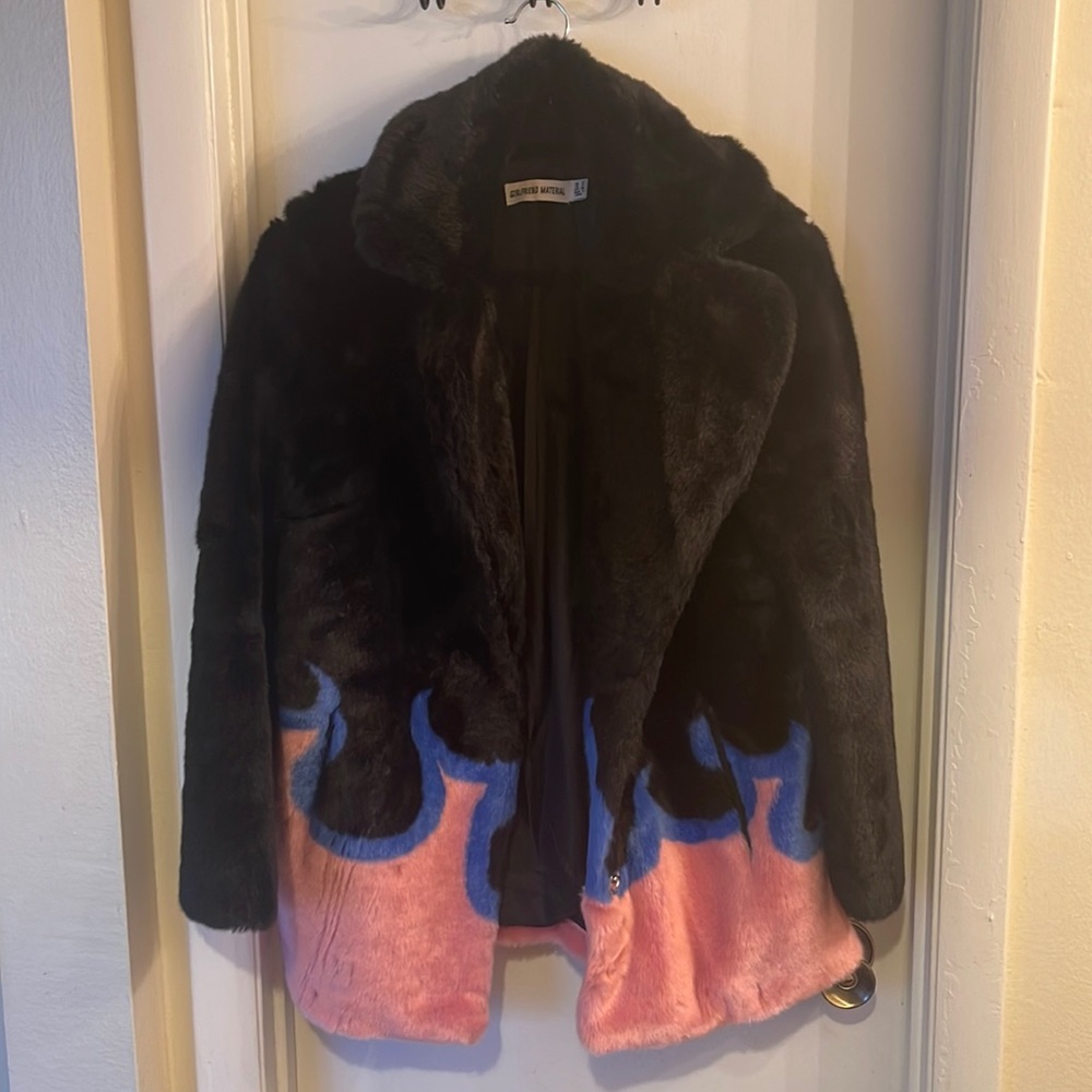 Faux Fur Jacket with Pink and Blue Flames - worn only once!